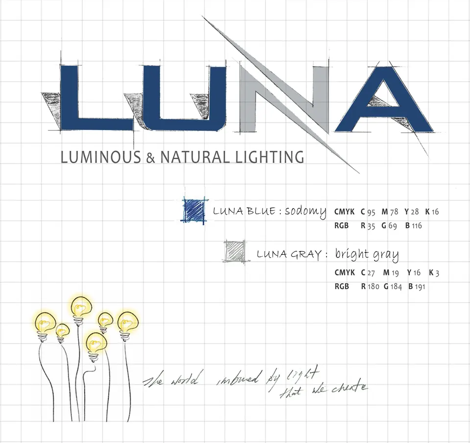 Design LUNA 브랜드 보드: 로고, 색, 손글씨 Luminous & Natural Lighting